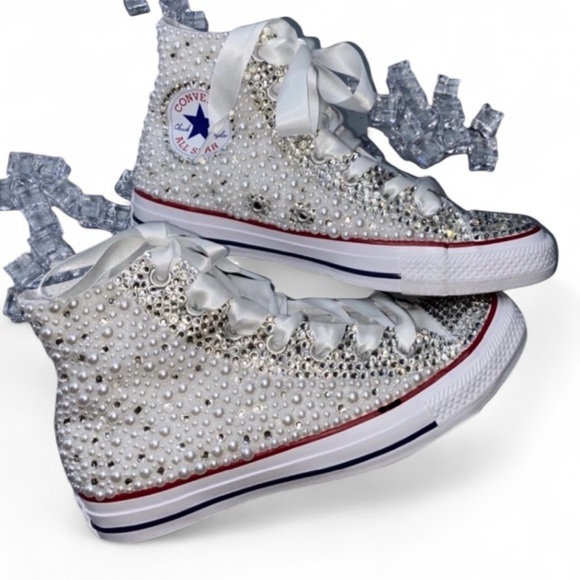 Crystals Diamond & Pearls High Top Converse Sizes 5-14 New With Ribbon Laces - Picture 1 of 15